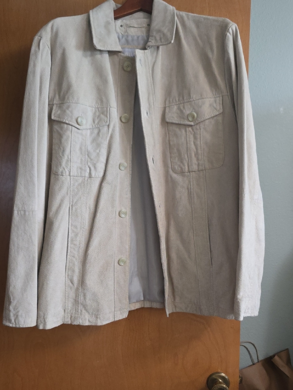Wilsons Leather Light Beige Suede Button-Front Shirt Jacket